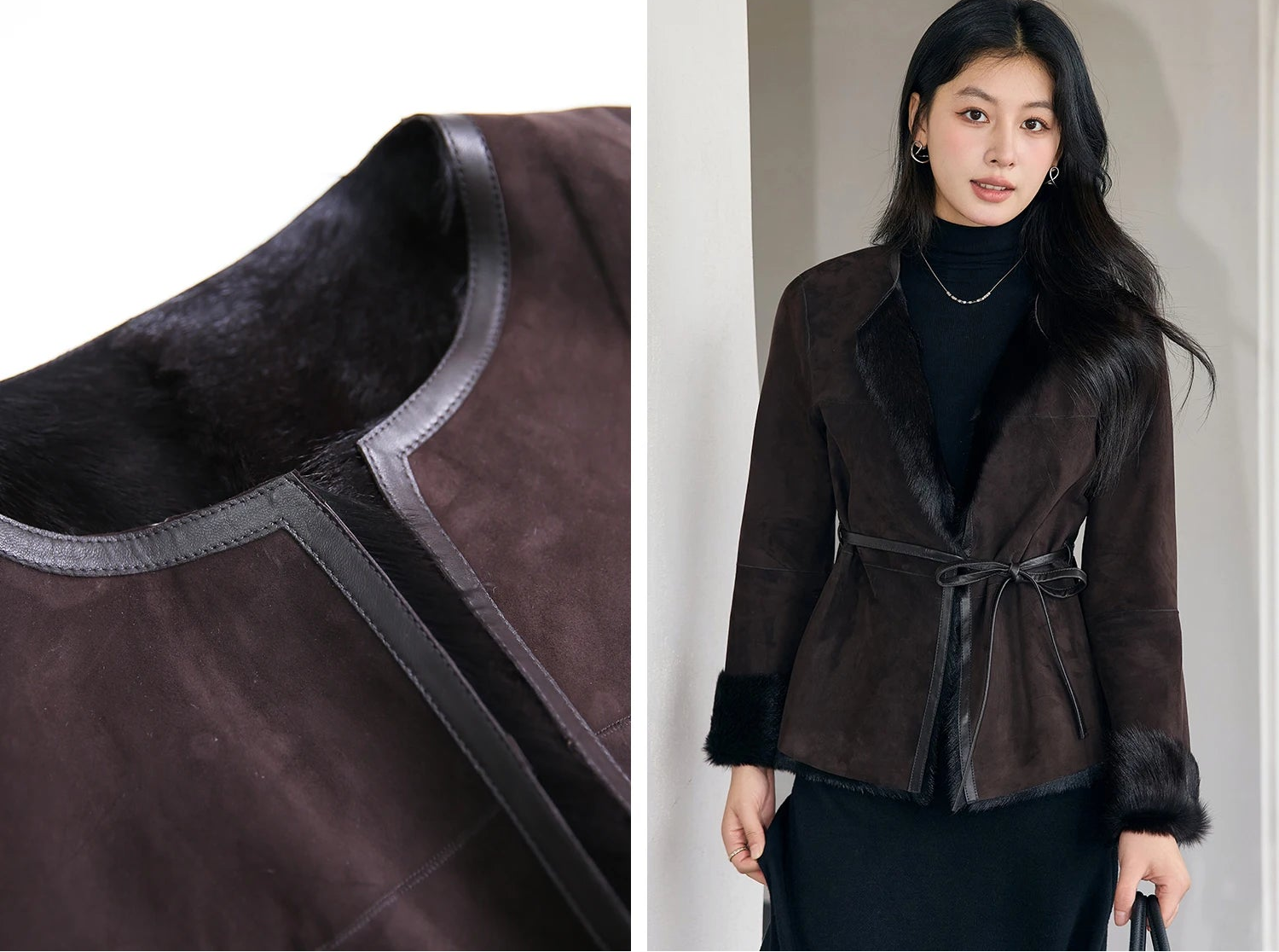 Collage focusing on the jacket’s round neckline with full-grain leather trim and glimpse of inner wool — From Borcelleclothes.
