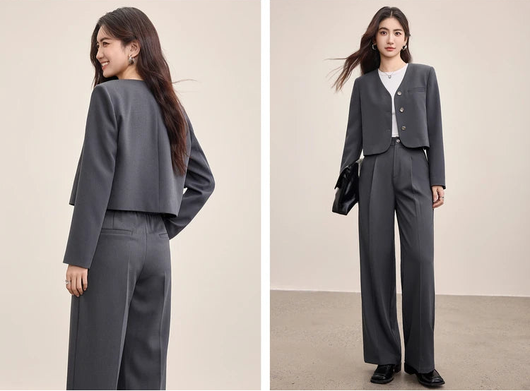 A collage showing a woman in the Gris Phénix set from the front and back, highlighting the clean geometry of the design — From Borcelleclothes.