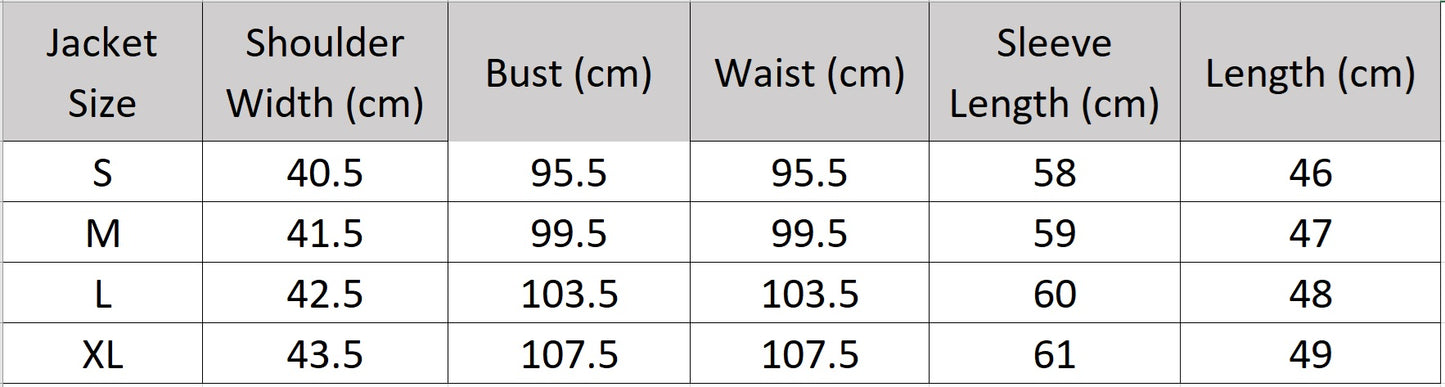 Detailed size chart for the Gris Phénix structural jacket, helping a woman find her precise fit — From Borcelleclothes.