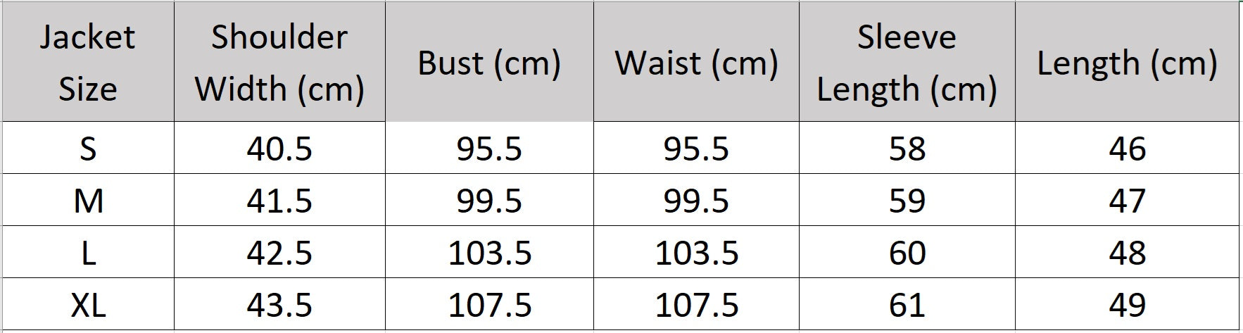 Detailed size chart for the Gris Phénix structural jacket, helping a woman find her precise fit — From Borcelleclothes.