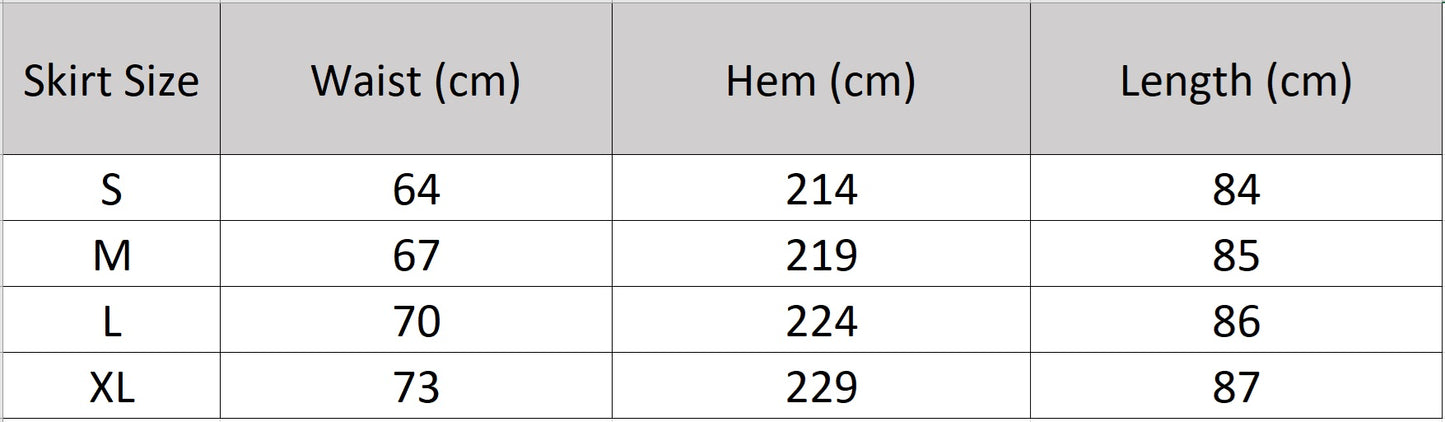 Comprehensive size chart for the flared midi skirt in the Inner Charm lyocell blend — From Borcelleclothes.