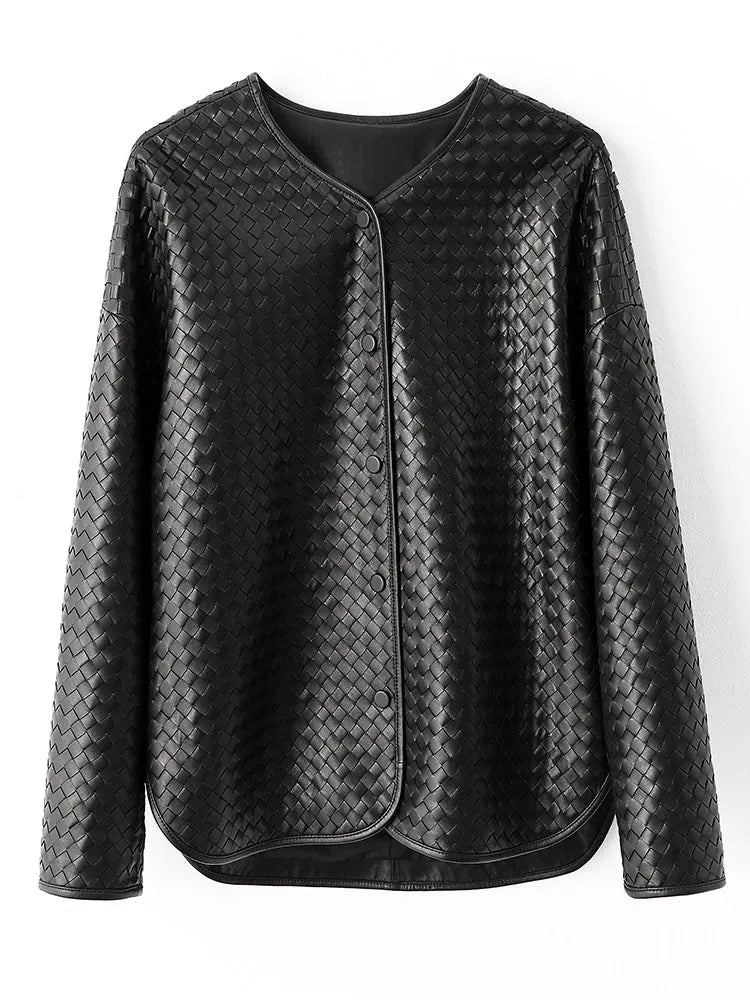 Flat lay front view of hand-woven sheepskin nappa jacket in Quicksilver Noir — From Borcelleclothes.