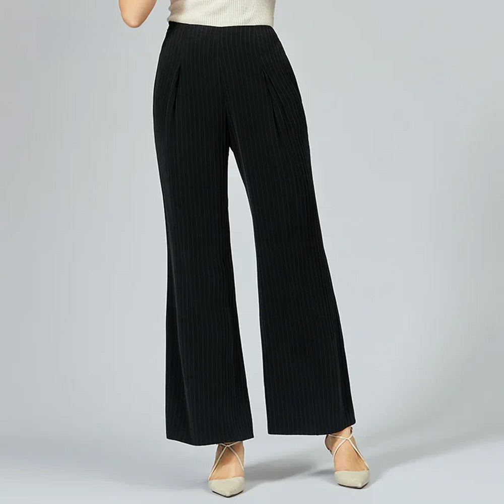 Women's Flared wide-leg Mulberry Silk trousers in Balanced Pinstripe with two box pleats, side pockets, and an inner waist yoke. Crafted from 100% Grade 6A 46 Momme pinstriped silk jacquard. — From Borcelleclothes.