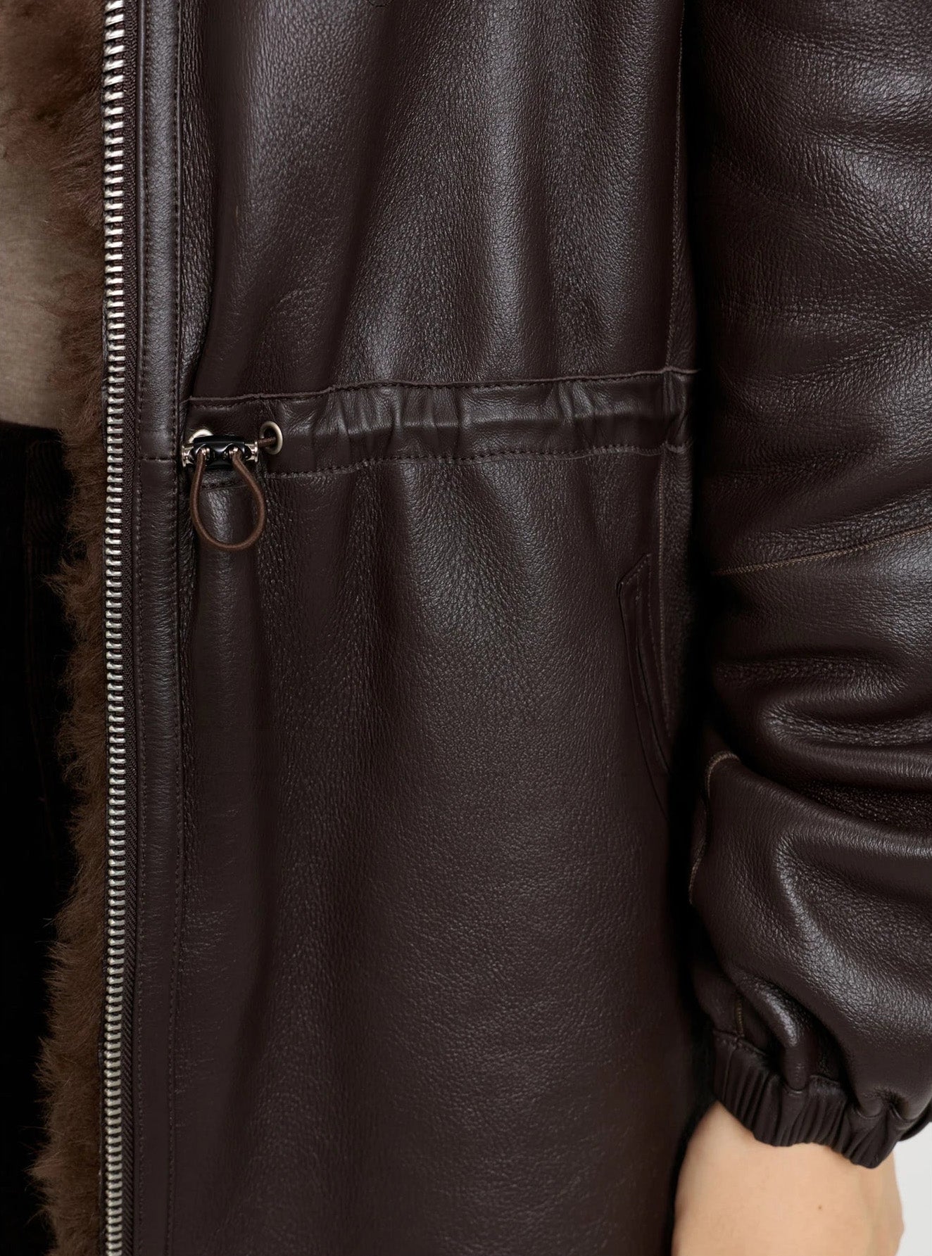 Waist section close-up, Toffee Bloom coat, leather side — From Borcelleclothes.