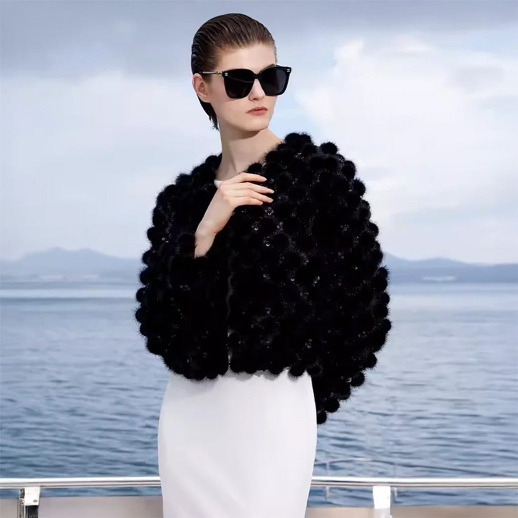 Women’s mink mosaic coat made of individually attached sheared mink pom-poms and hand embroidery on mesh — in color Nocturne. — From Borcelleclothes.