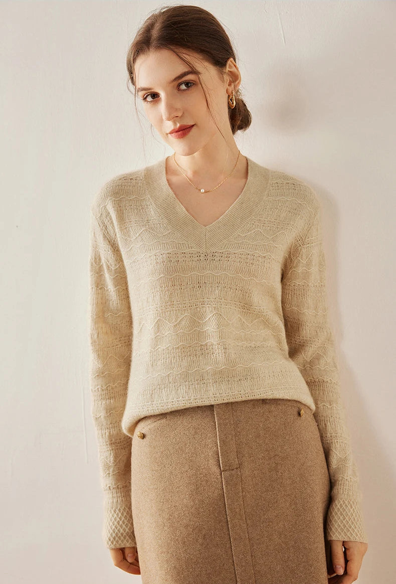 Jacquard Cashmere Blend Sweater in First Date with model’s arms relaxed at sides — From Borcelleclothes.
