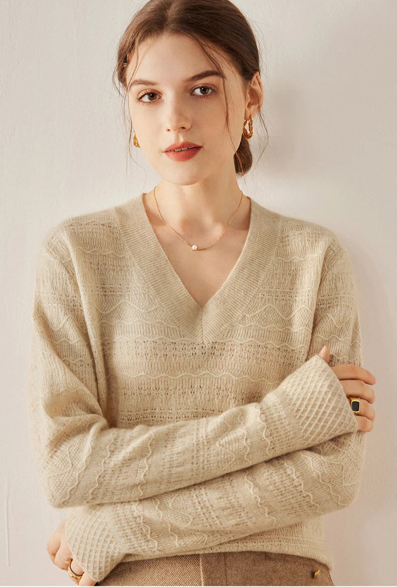 Jacquard Cashmere Blend Sweater in First Date with model’s arms gently folded — From Borcelleclothes.