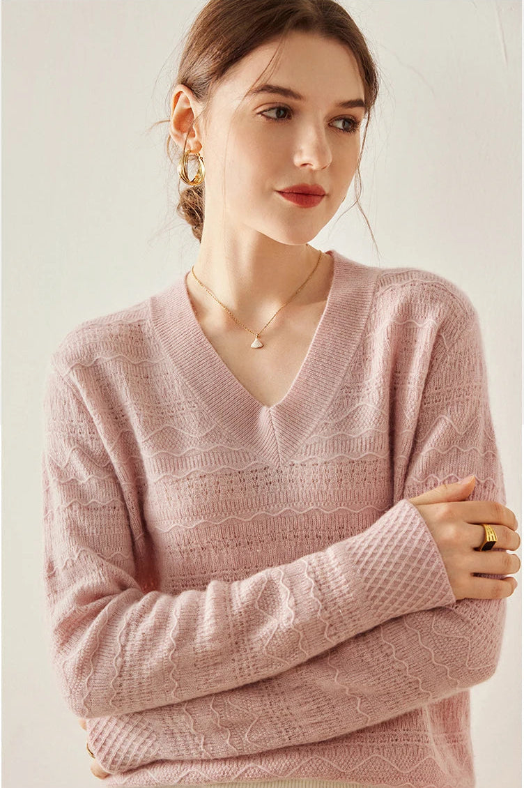 Jacquard Cashmere Blend Sweater in French Romance with model’s arms gently crossed — From Borcelleclothes.