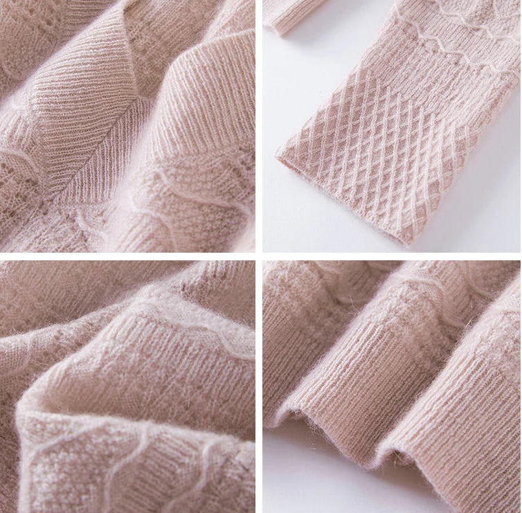 Collage of neckline, cuff, texture, and bottom hem —Jacquard Cashmere Blend Sweater — From Borcelleclothes.
