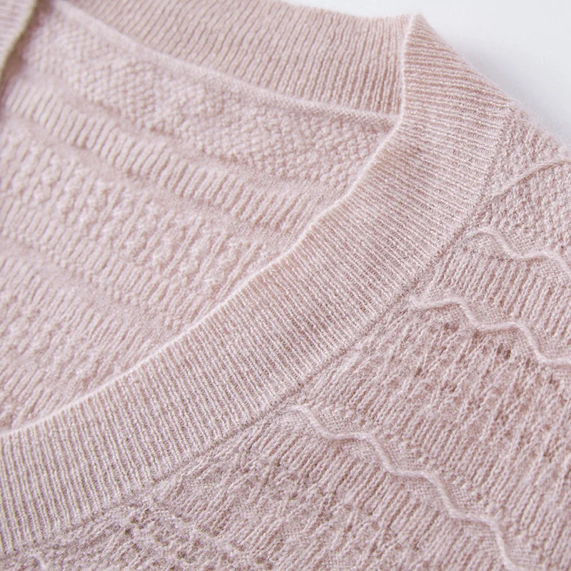 Close-up of neckline in French Romance color — Jacquard Cashmere Blend Sweater — From Borcelleclothes.