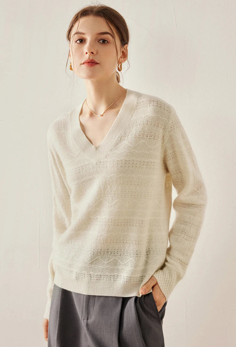 Jacquard Cashmere Blend Sweater in Pearl Bush with model’s hand in pants pocket — From Borcelleclothes.