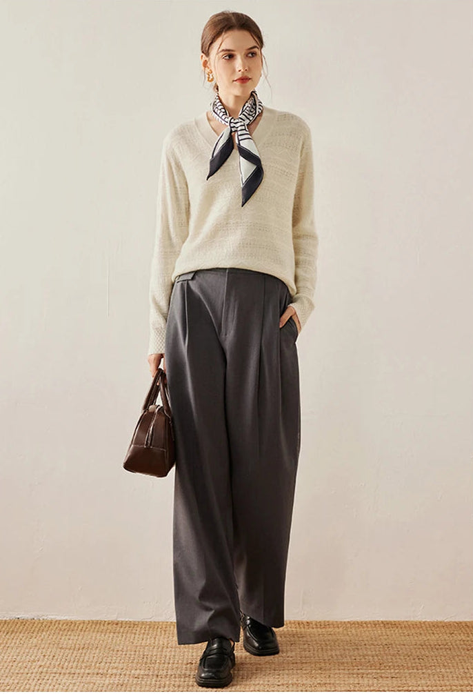 Jacquard Cashmere Blend Sweater in Pearl Bush with model holding a bag — From Borcelleclothes