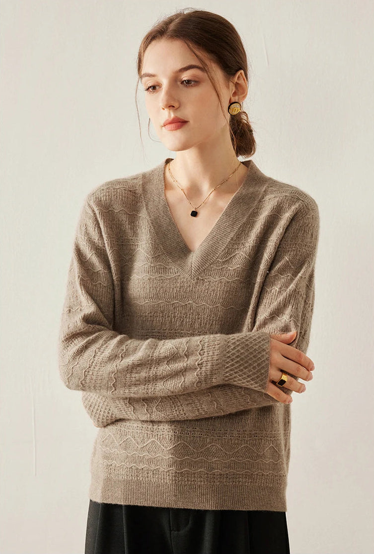 Jacquard Cashmere Blend Sweater in Sweet Wood with model’s arms softly folded — From Borcelleclothes.