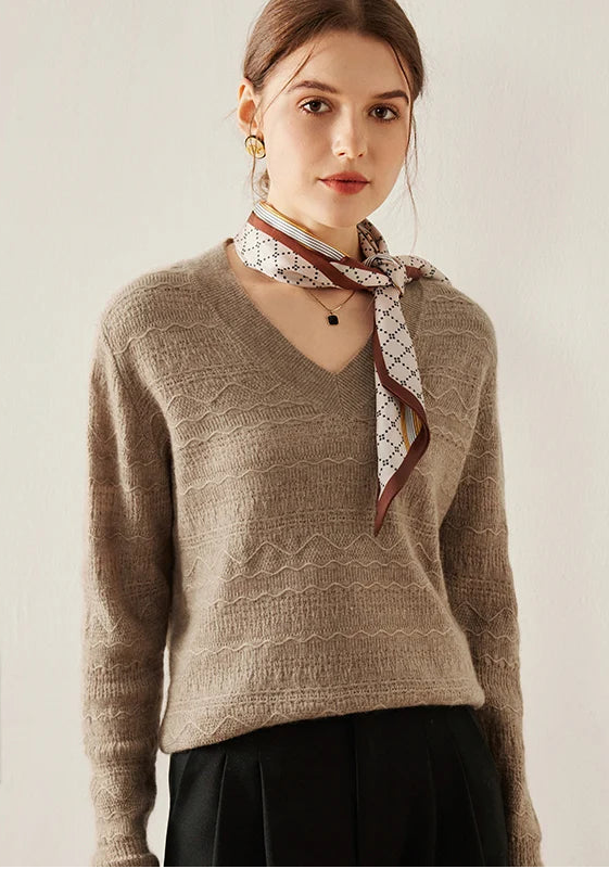 Jacquard Cashmere Blend Sweater in Sweet Wood styled with a matching scarf — From Borcelleclothes.