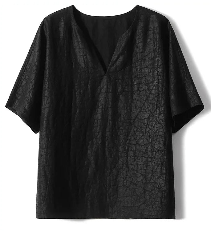 Flat lay front view displaying the architectural silhouette and clean lines of the Beyond Control kimono silk top — From Borcelleclothes.