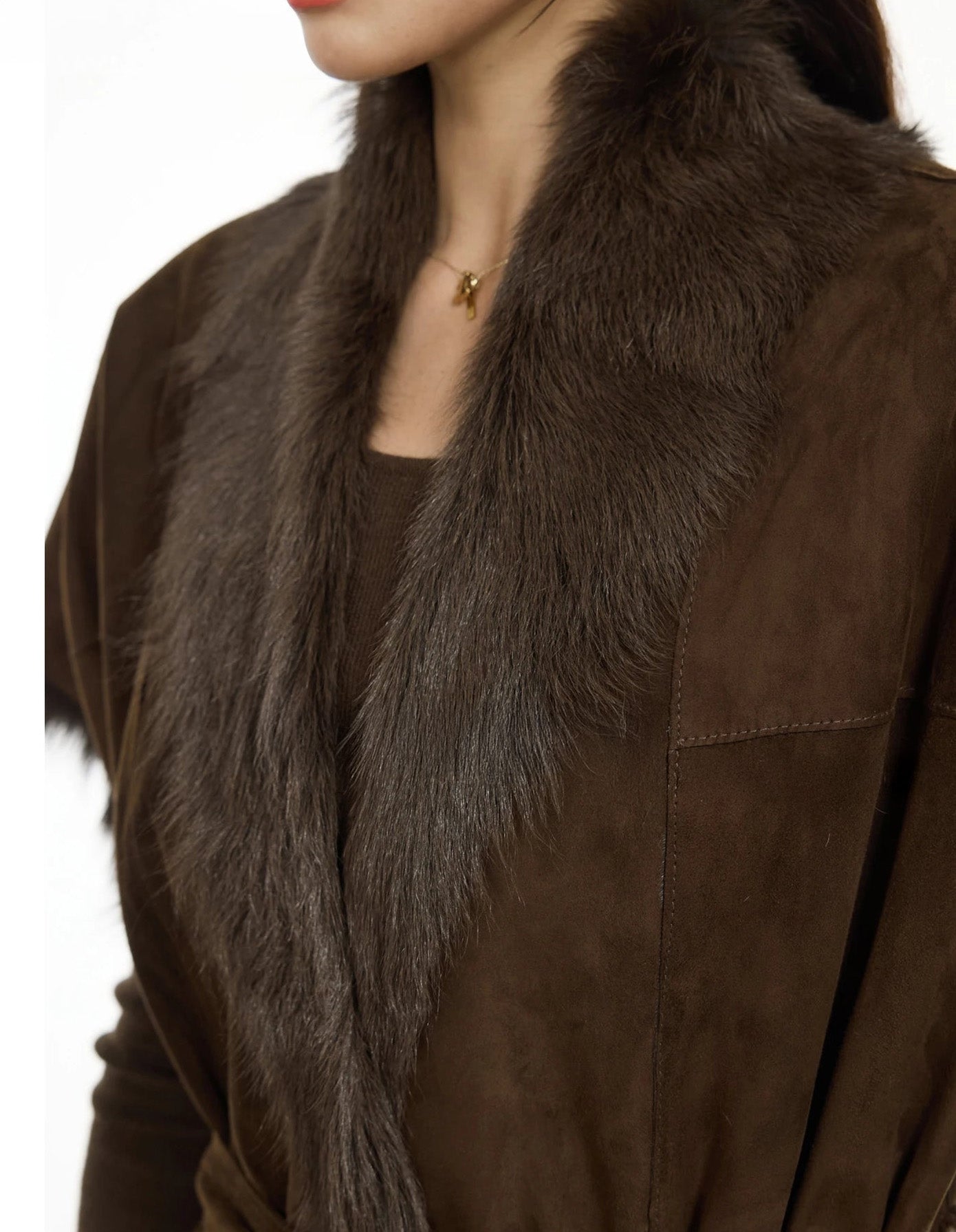 Close-up of jacket’s upper part with shawl fur collar — From Borcelleclothes.