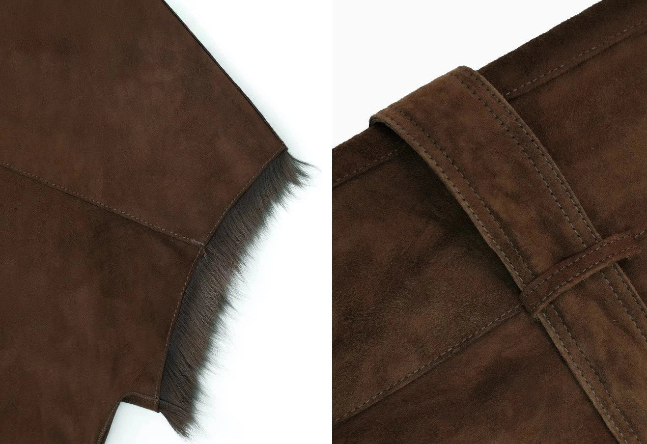 Collage showing sleeve and belt details of goatskin jacket with kimono cut — From Borcelleclothes.