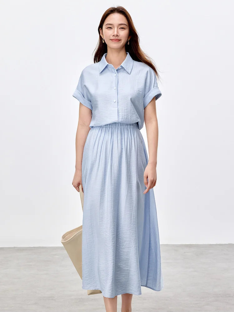 Casual elegance in a Forget-Me-Not Mist viscose set with an oversized bag — From Borcelleclothes.