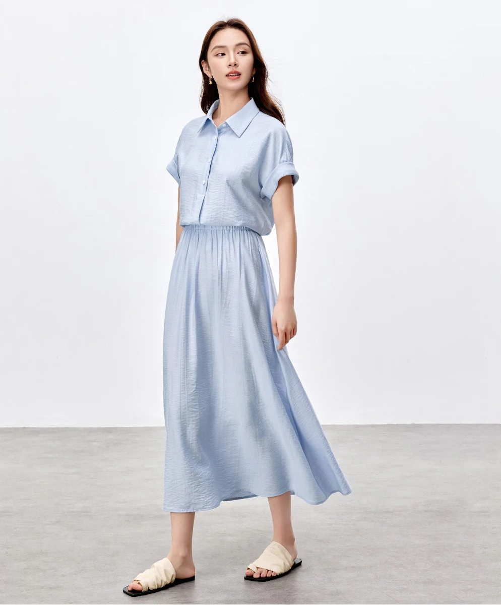 Women's Two-piece kimono set in Forget-me-not Mist color, crinkled viscose, oversized shirt, and flared midi skirt. — From Borcelleclothes.