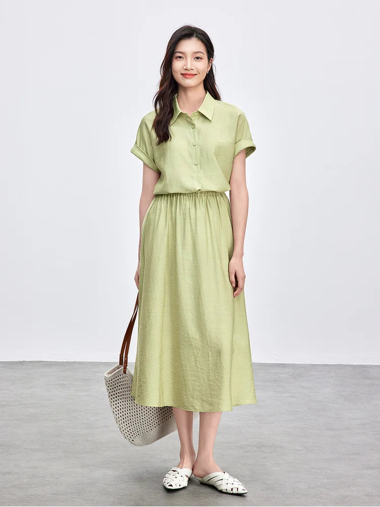 Ginkgo Spell green viscose set styled with a woven bag for a botanical aesthetic — From Borcelleclothes.