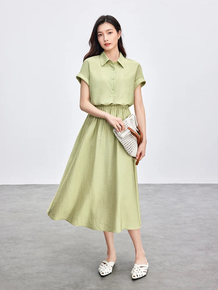 Women's Two-piece kimono set in Ginkgo Spell color, crinkled viscose, oversized shirt, and flared midi skirt. — From Borcelleclothes.