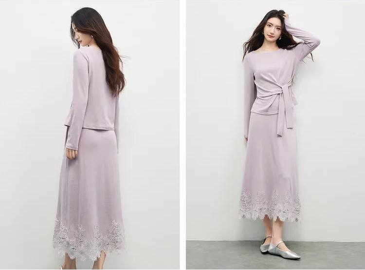 Product collage showing the front and back views of the woman in the Almost There knit set. — From Borcelleclothes.
