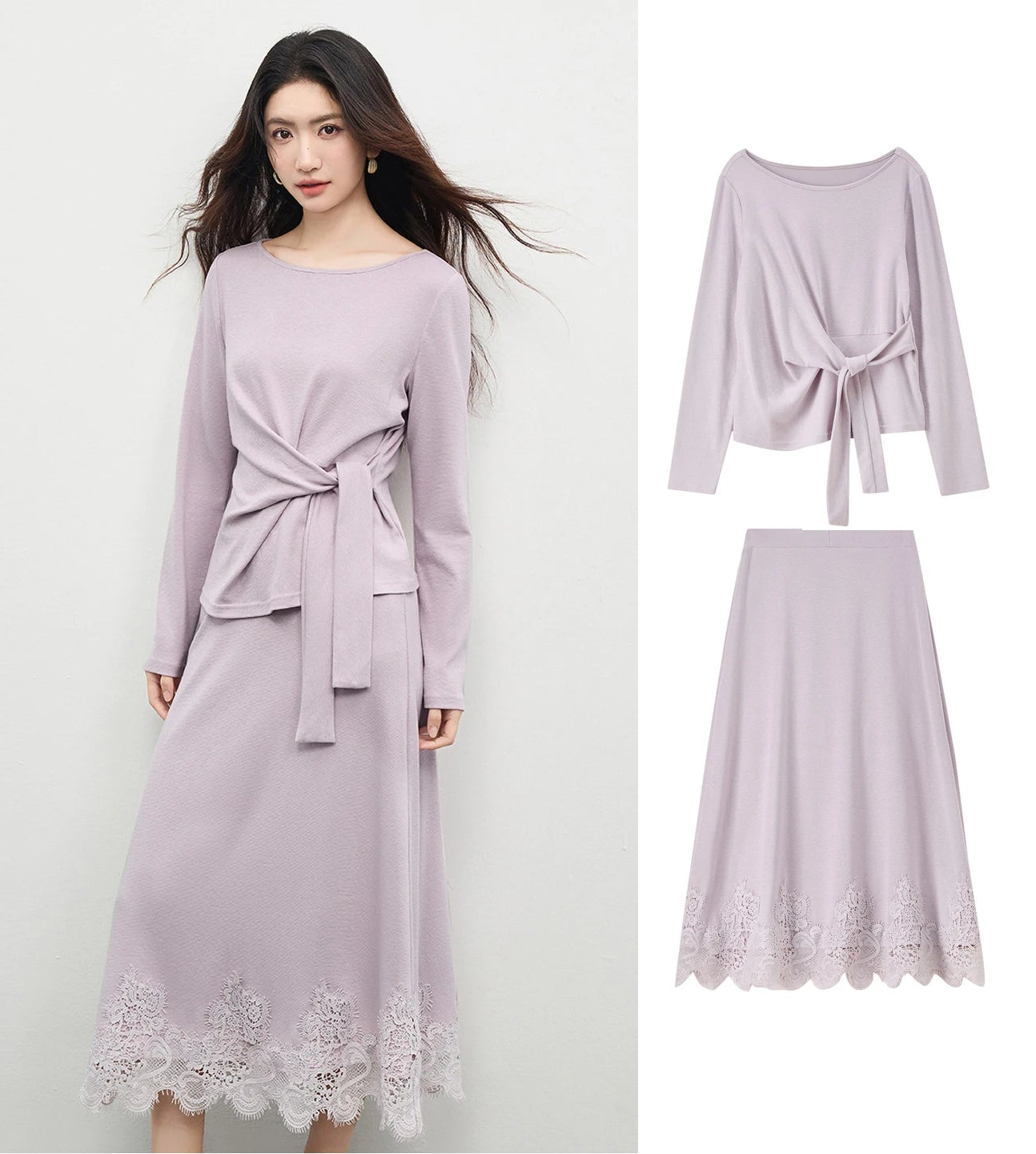 Composition of a model turned slightly to the side alongside flat-lay views of the top and skirt. — From Borcelleclothes.