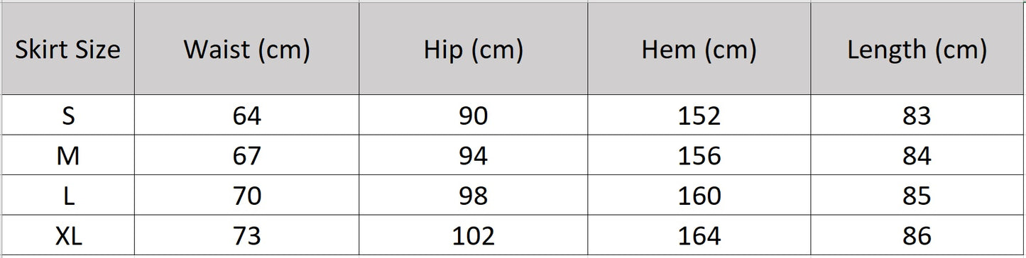 Detailed size guide and measurements for the flared midi knit skirt. — From Borcelleclothes.