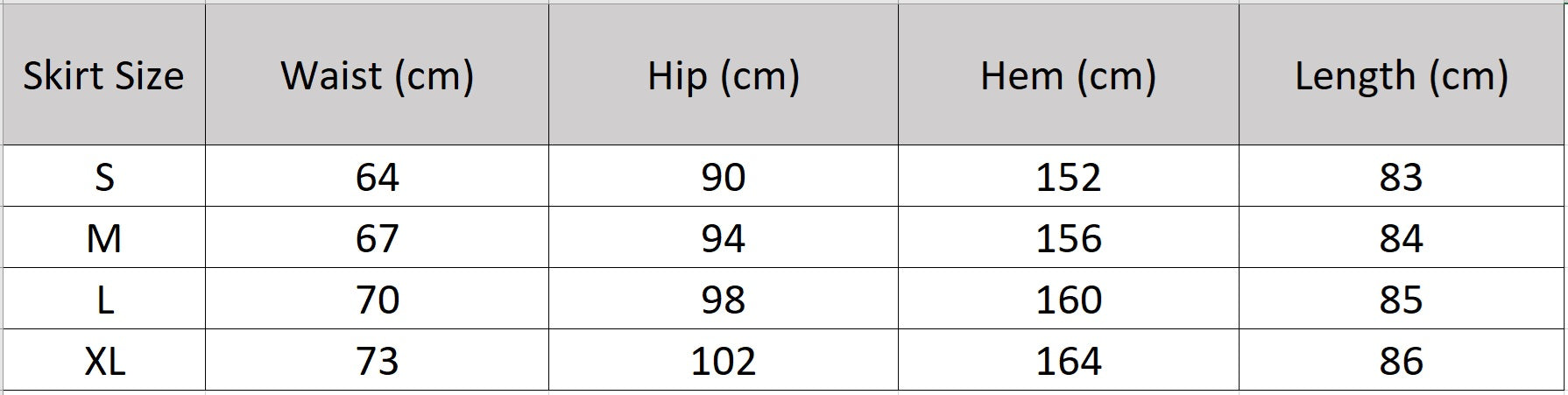 Detailed size guide and measurements for the flared midi knit skirt. — From Borcelleclothes.