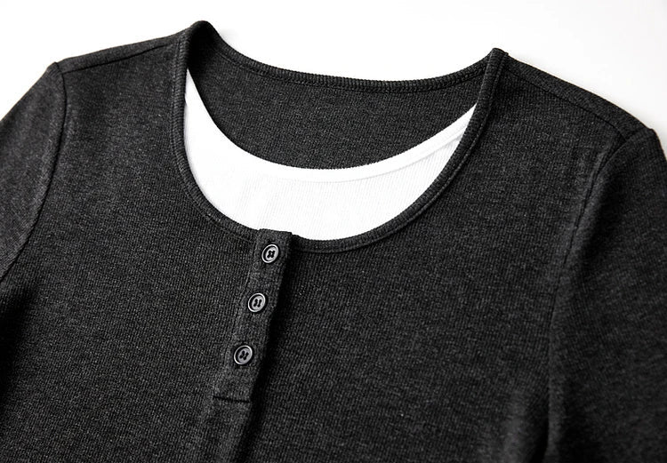 Front view of the upper section of the Mojo ribbed knit top with contrast trim — From Borcelleclothes.