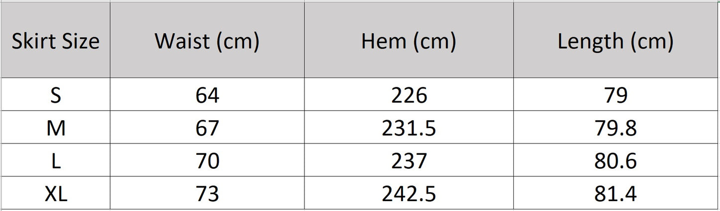 Detailed size chart for the flared midi ribbed knit skirt — From Borcelleclothes.