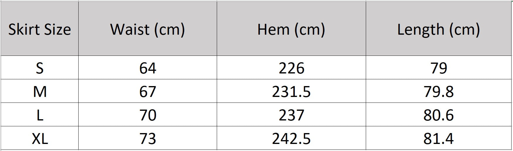 Detailed size chart for the flared midi ribbed knit skirt — From Borcelleclothes.