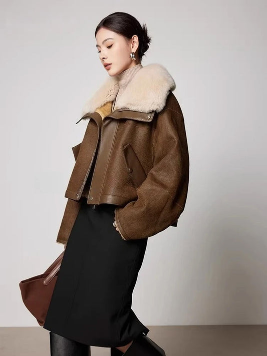 Women’s cropped sheepskin jacket in Cup of Joe with a pearl-beige mink lapel collar, smooth leather trims, and a soft matte grain finish — From Borcelleclothes.