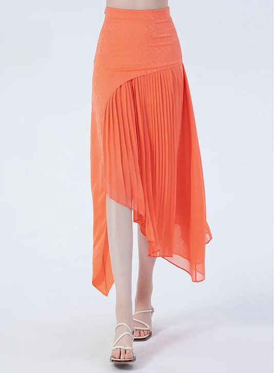 A model walking forward wearing a women's layered asymmetrical Mulberry silk skirt in Veiltail Gold — From Borcelleclothes.