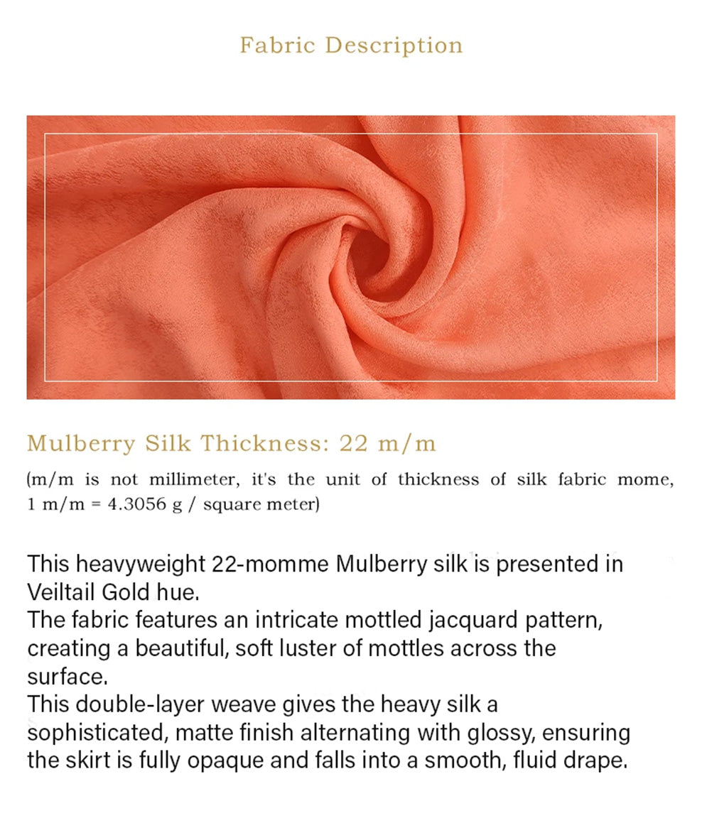 Close-up of the spiral folded mottled jacquard texture on a women's layered asymmetrical Mulberry silk skirt in Veiltail Gold — From Borcelleclothes.