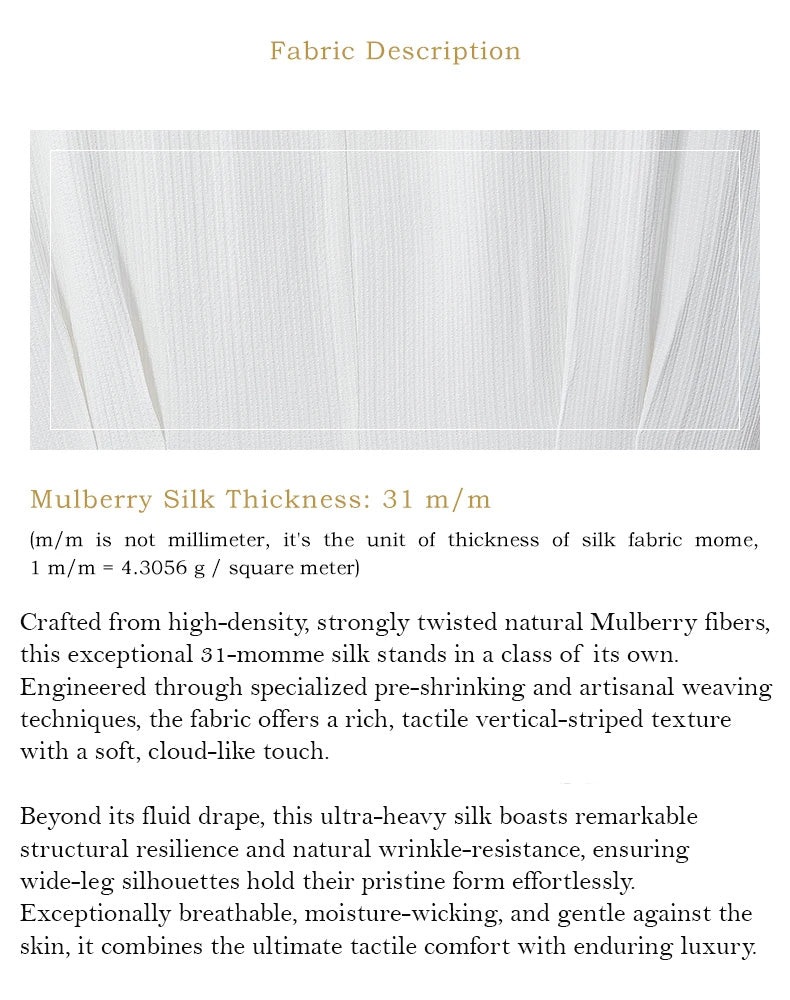 Close-up of the wave-folded stripe-textured Mulberry silk crepe fabric of the No Reward trousers — From Borcelleclothes.