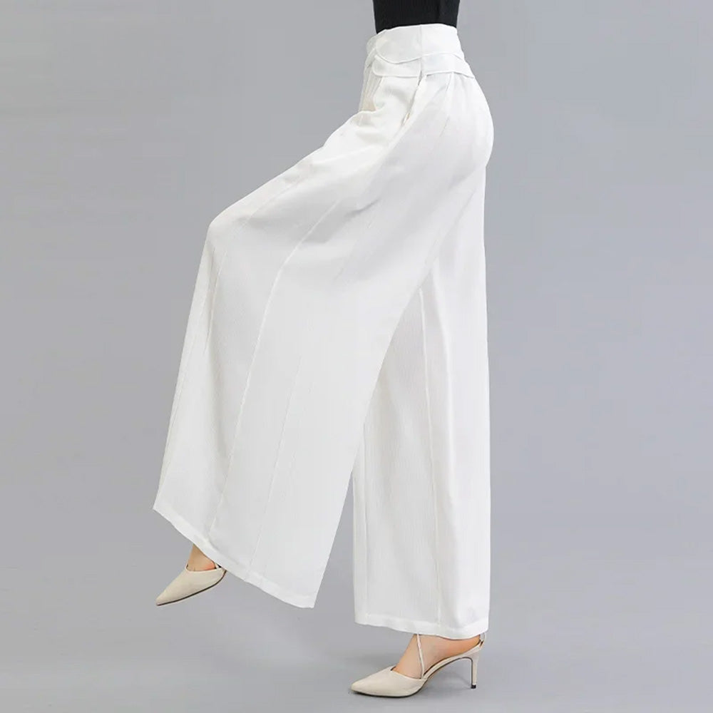 Women's Wide-leg trousers in No Reward, crafted from 31-Momme stripe-textured Mulberry silk crepe, with front and back pleats and draped Georgette waist overlays. — From Borcelleclothes.