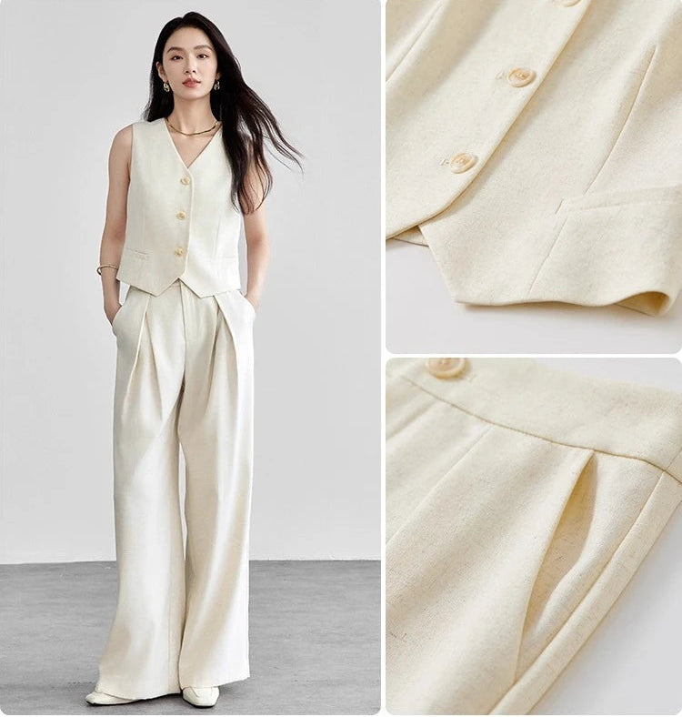 Collage showing a woman with hands in pockets, close-up of the vest's bottom, and the trousers' slash pocket. From Borcelleclothes.