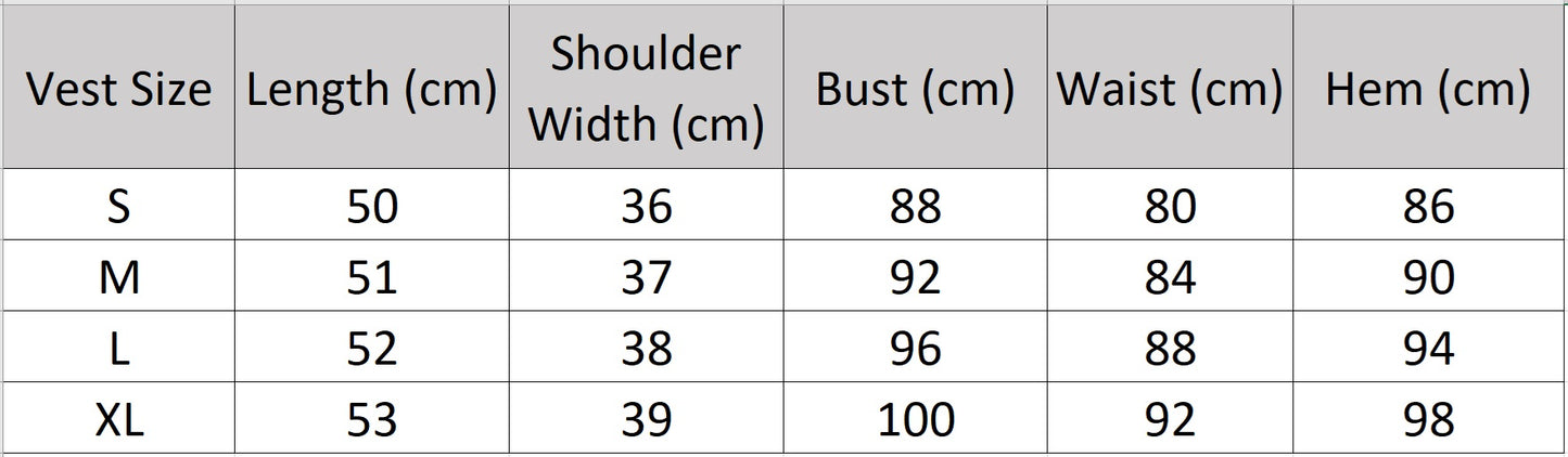 Women's size chart for a vest of the two-piece linen blend set. Tailored V-neck vest with tone-on-tone buttons. — From Borcelleclothes.