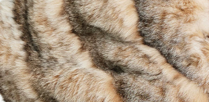 Intricate close-up of wild North American bobcat fur showcasing deep amber underfur and natural guard hair texture — From Borcelleclothes.