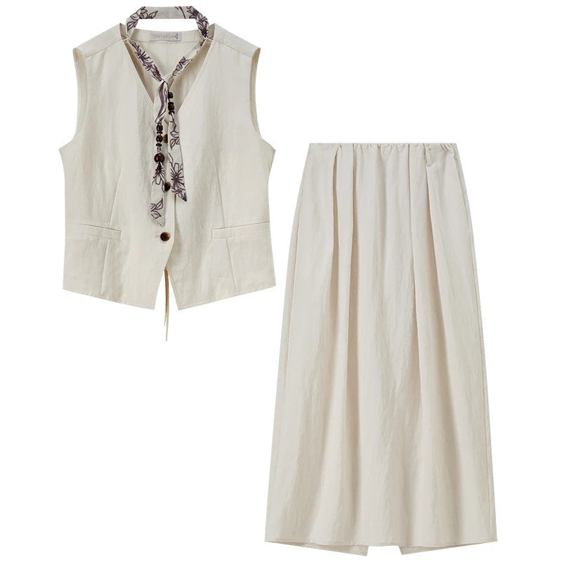 Studio shot of the lyocell-blend vest and skirt set from the front — From Borcelleclothes.