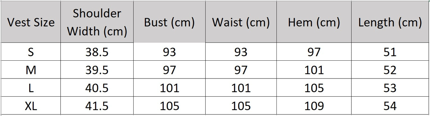 Technical size guide for the V-neck tailored vest in Ease Your Mind color — From Borcelleclothes.