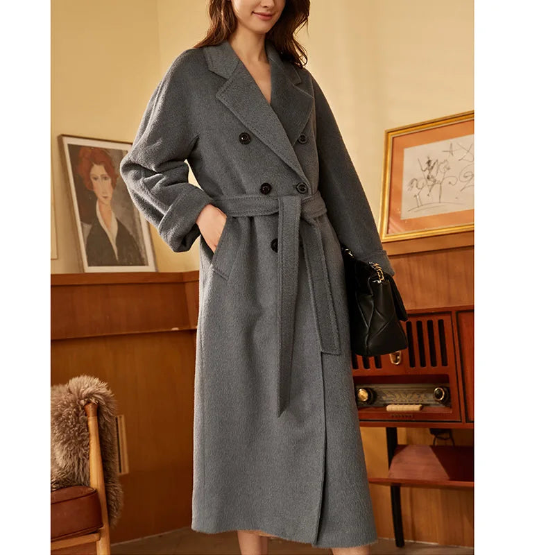 Women's Mid-Calf Alpaca Coat in Carbon Grey, showcasing the elegant double-breasted design, seamless kimono sleeves, and luxurious Suri alpaca and cashmere blend with a soft fur-like texture. From Borcelleclothes.