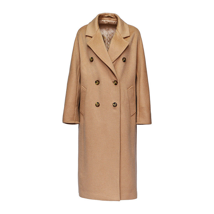 The architectural front view of the mid-calf lambswool coat in French Beige. From Borcelleclothes.