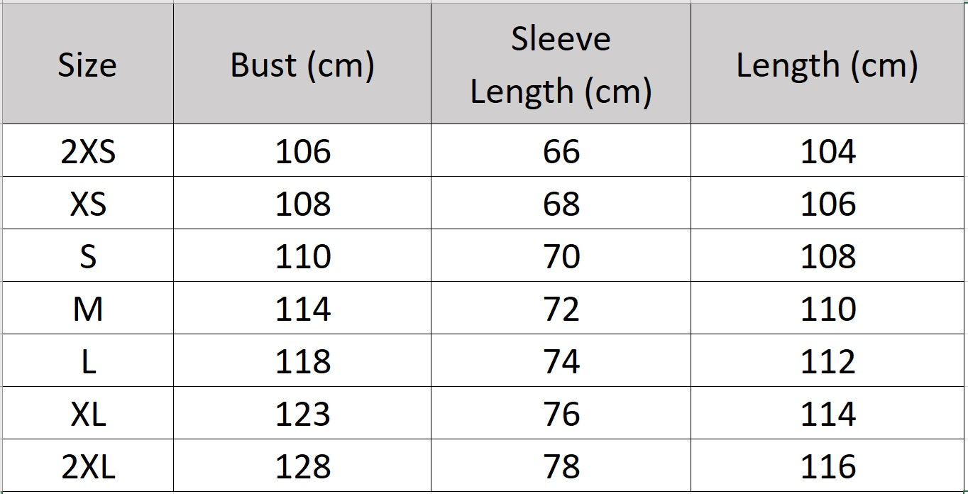 Women's size chart for a mid-calf 100% lambswool coat, featuring a double-breasted design with tortoise-shell buttons and structured sleeve panels. — From Borcelleclothes.