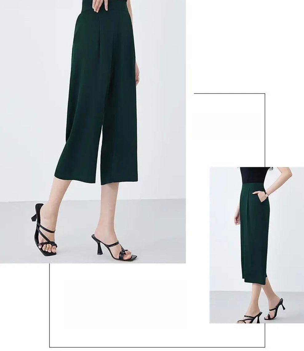 Photo collage of a model walking from left to right in Cyber Jade silk trousers — From Borcelleclothes.