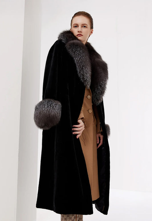 Women’s sheared mink coat in Velvet Night with Silver Fox fur collar, lapels, and cuffs, mid-calf length, and hidden closure — From Borcelleclothes.
