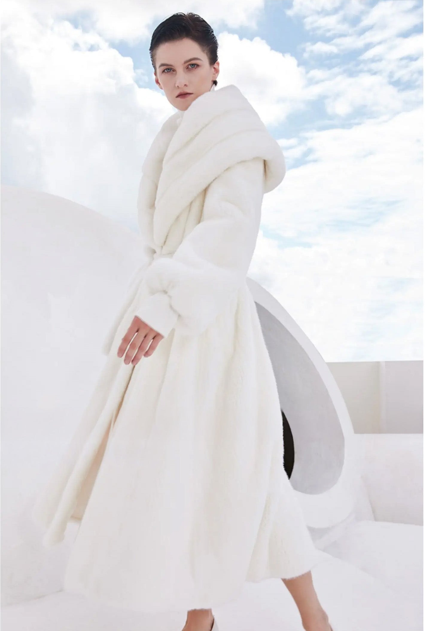 Women’s wrap mink coat with a generous shawl collar and self-tie belt, in Donne-Moi Ton Cœur color, featuring a flared silhouette and calf length — From Borcelleclothes.