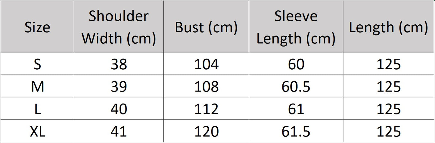 Women’s size chart for a wrap mink coat with a generous shawl collar and self-tie belt, featuring a flared silhouette and calf length — From Borcelleclothes.