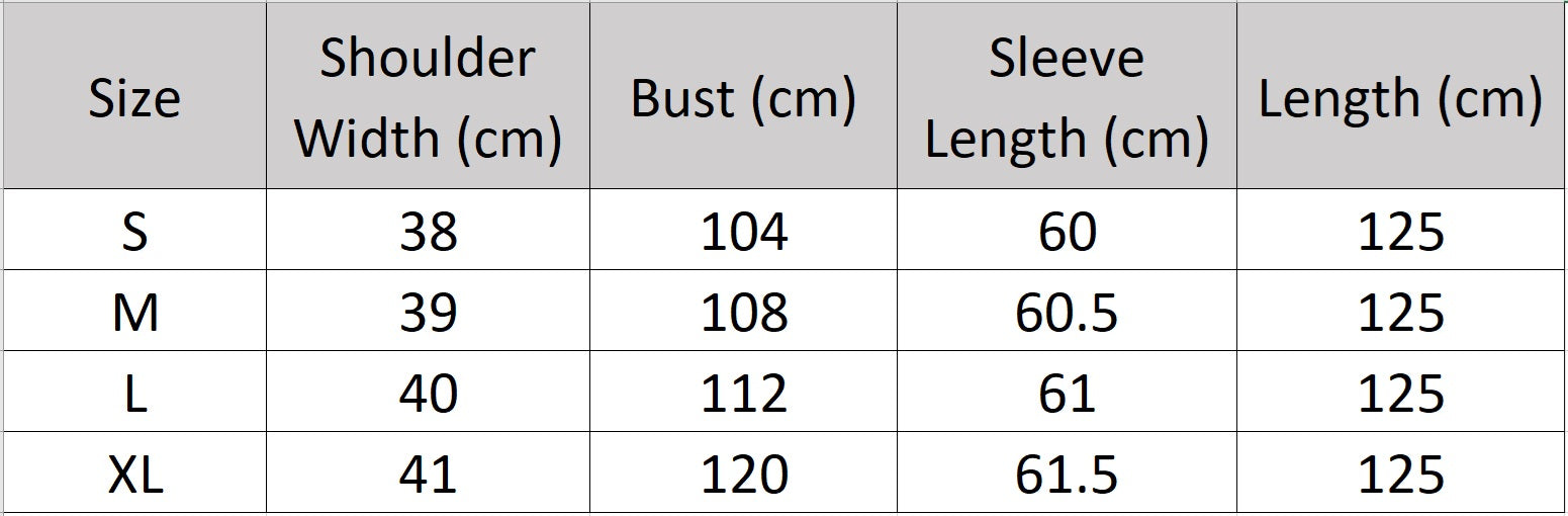 Women’s size chart for a wrap mink coat with a generous shawl collar and self-tie belt, featuring a flared silhouette and calf length — From Borcelleclothes.